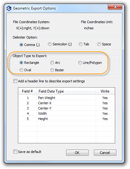 Geometric Export Options dialog box